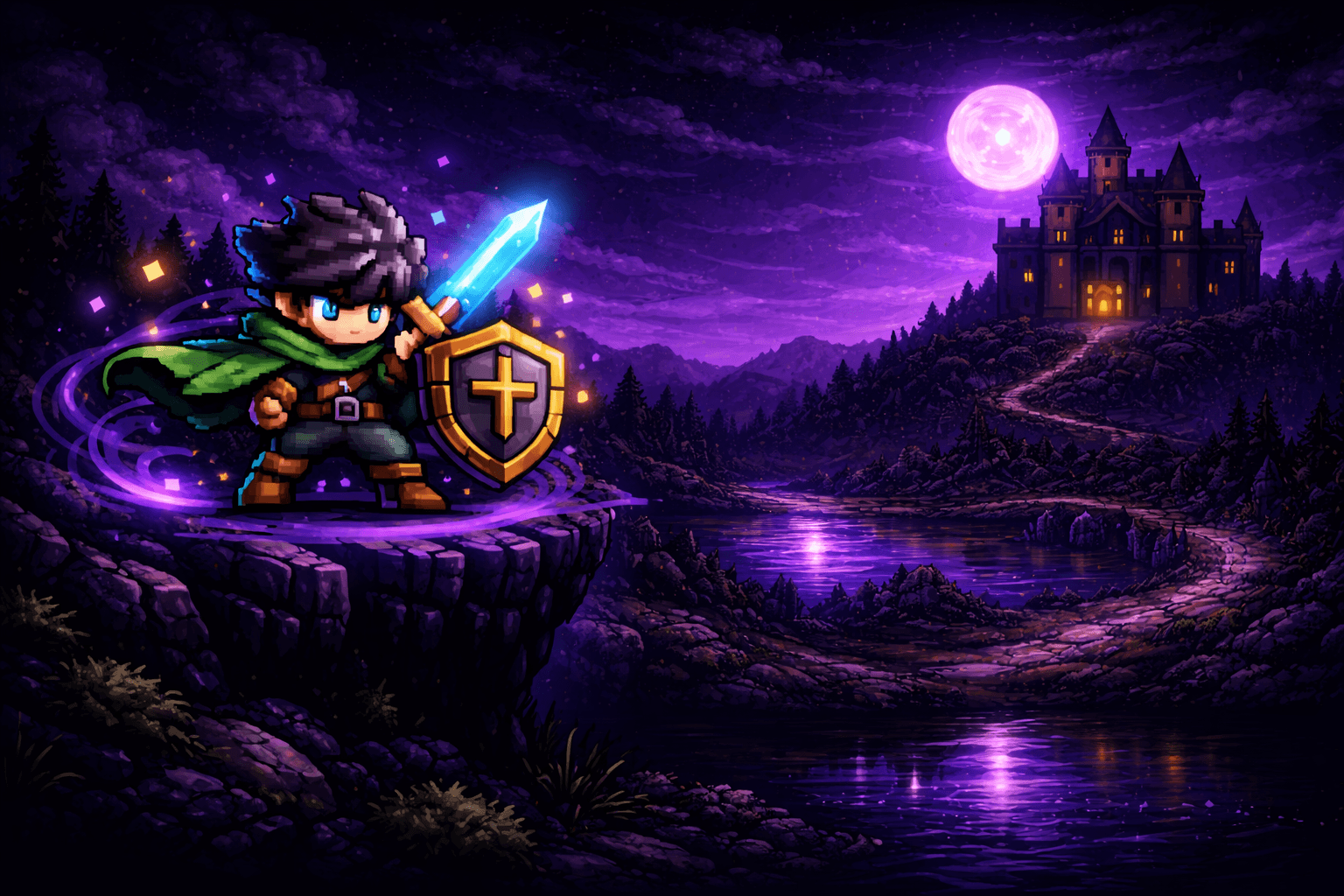Pixel art adventurer overlooking a purple castle